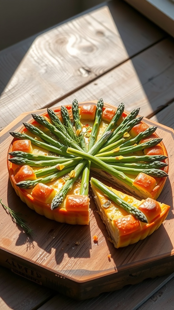 Savory asparagus tart with flaky crust and fresh asparagus, garnished with herbs, on a rustic table.
